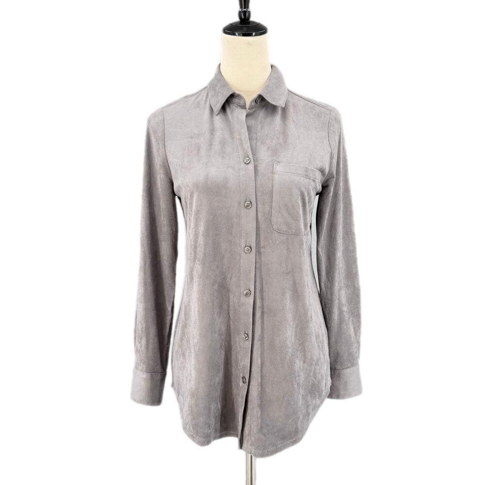 Chico’s NEW Sz 00 Gray Everyday Suede Button Down Office Business Workwear Shirt